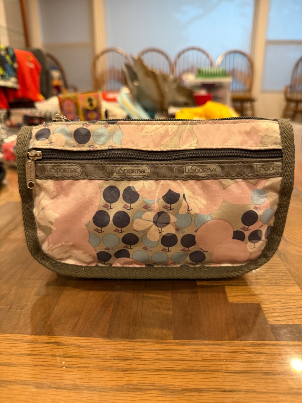 LeSportsac Pink Floral & Dot Print Grey Cosmetic Pouch with Navy Accents